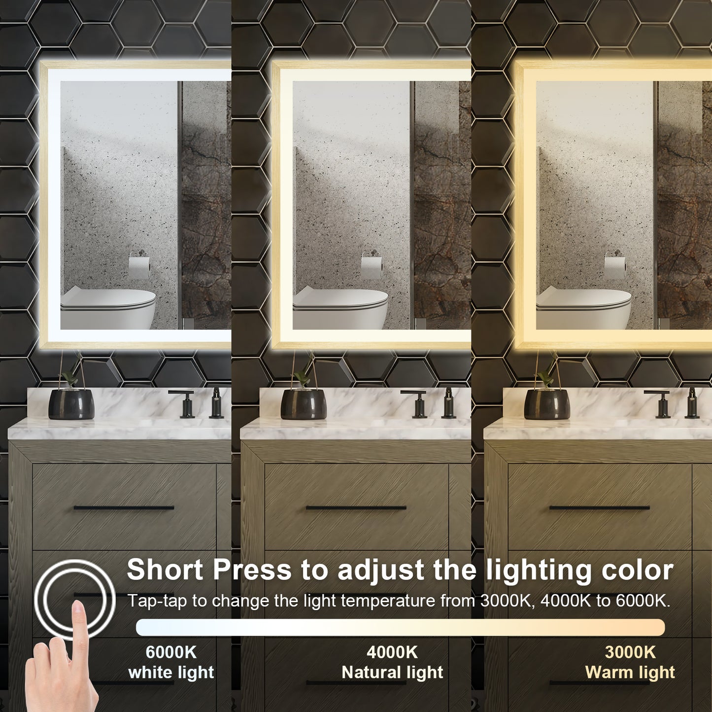 4 Size LED Bathroom Mirror;  Backlit and Front Lighted Mirror for Bathroom;  Wall Mounted Bathroom Vanity Framed Mirror Includes Dimmer;  ; Defogger;  Vertical / Horizontal
