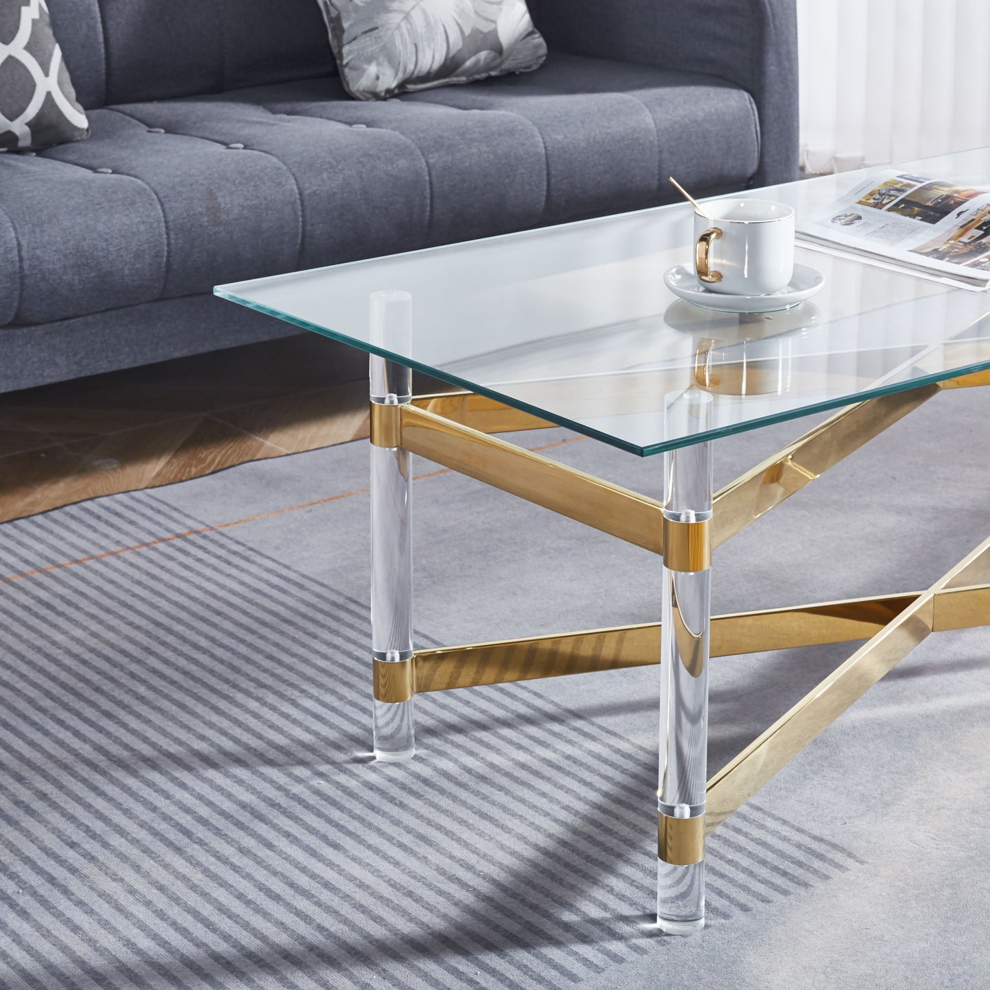 Gold Stainless Steel Coffee Table With acrylic Frame and Clear Glass Top