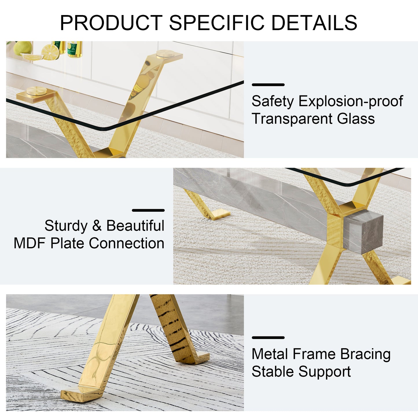 1 table and 8 chairs. Modern simple luxury tempered glass rectangular dining table and desk with 8 black PU gold plated leg chairs 79''x39''x30''