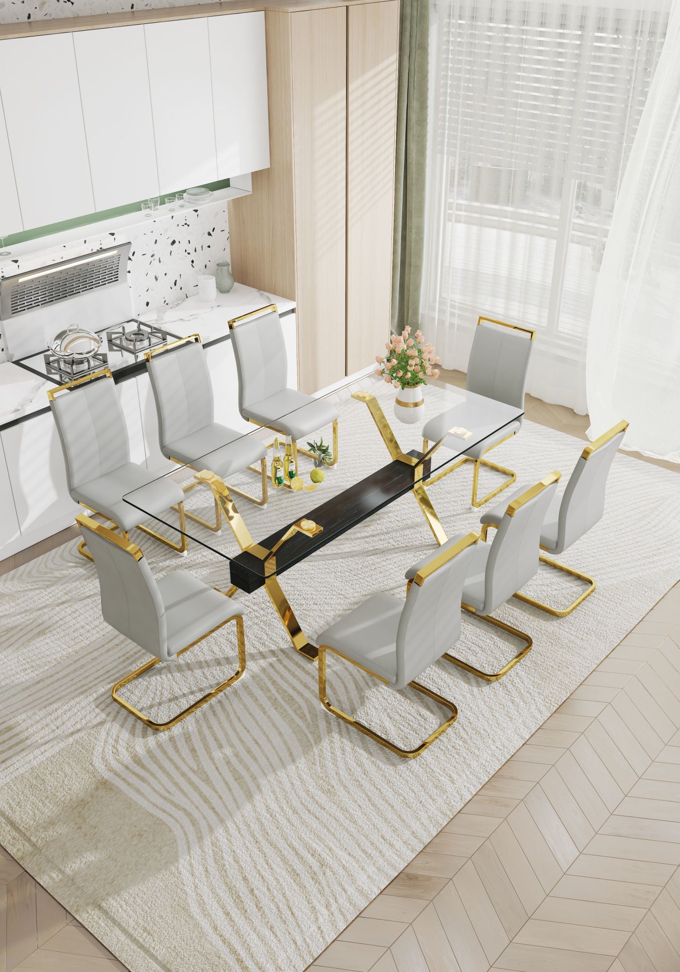 ContemporaryGlass Dining Table - Versatile for Home or Office. Features a Large Tempered Glass Top, Modern Office Desk Design with Gold-Plated Metal Legs and MDF Crossbars. Ideal for Kitchen Use. Dimensions: 79''x39''x30'