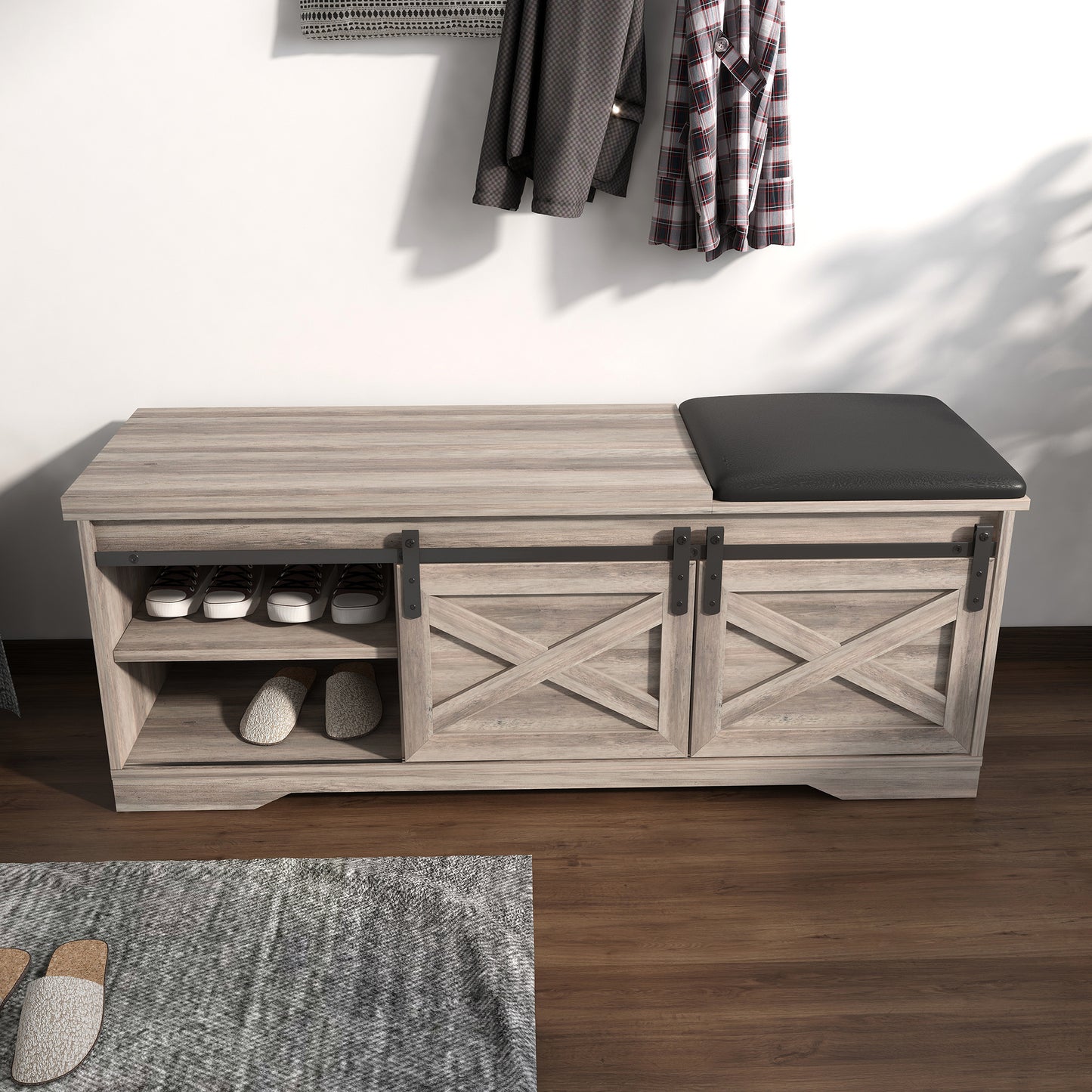 47 Inch Modern Farmhouse Sliding X Barn Door Litterbox Bench with Entry Cutout;  Shoe Bench Multi-color Option