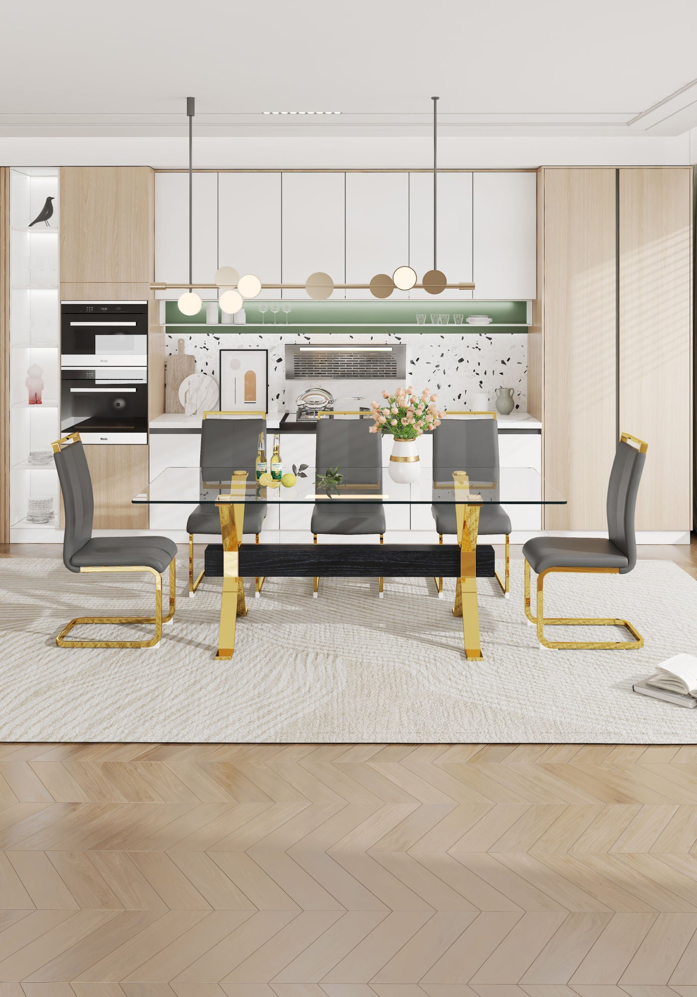 ContemporaryGlass Dining Table - Versatile for Home or Office. Features a Large Tempered Glass Top, Modern Office Desk Design with Gold-Plated Metal Legs and MDF Crossbars. Ideal for Kitchen Use. Dimensions: 79''x39''x30'
