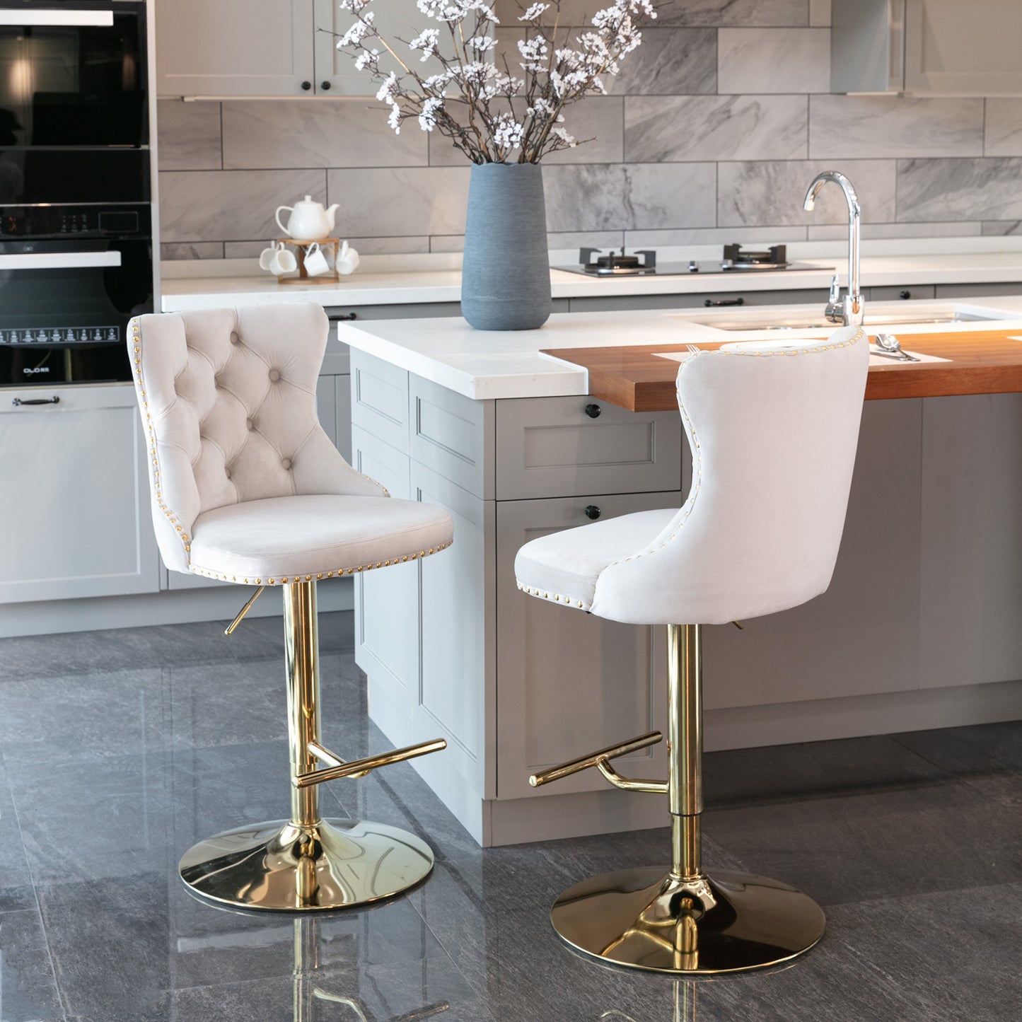 A&A Furniture,Golden Swivel Velvet Barstools Adjusatble Seat Height from 25-33 Inch, Modern Upholstered Bar Stools with Backs Comfortable Tufted for Home Pub and Kitchen Island(Beige,Set of 2)