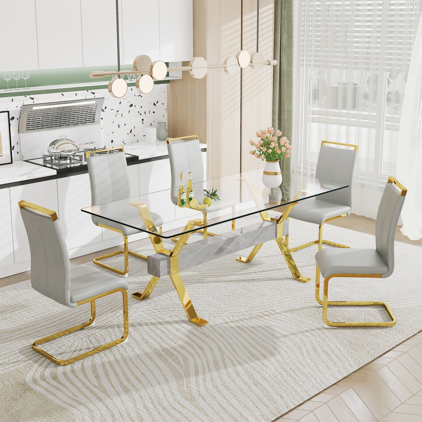 ContemporaryGlass Dining Table - Versatile for Home or Office. Features a Large Tempered Glass Top, Modern Office Desk Design with Gold-Plated Metal Legs and MDF Crossbars. Ideal for Kitchen Use. Dimensions: 79''x39''x30'