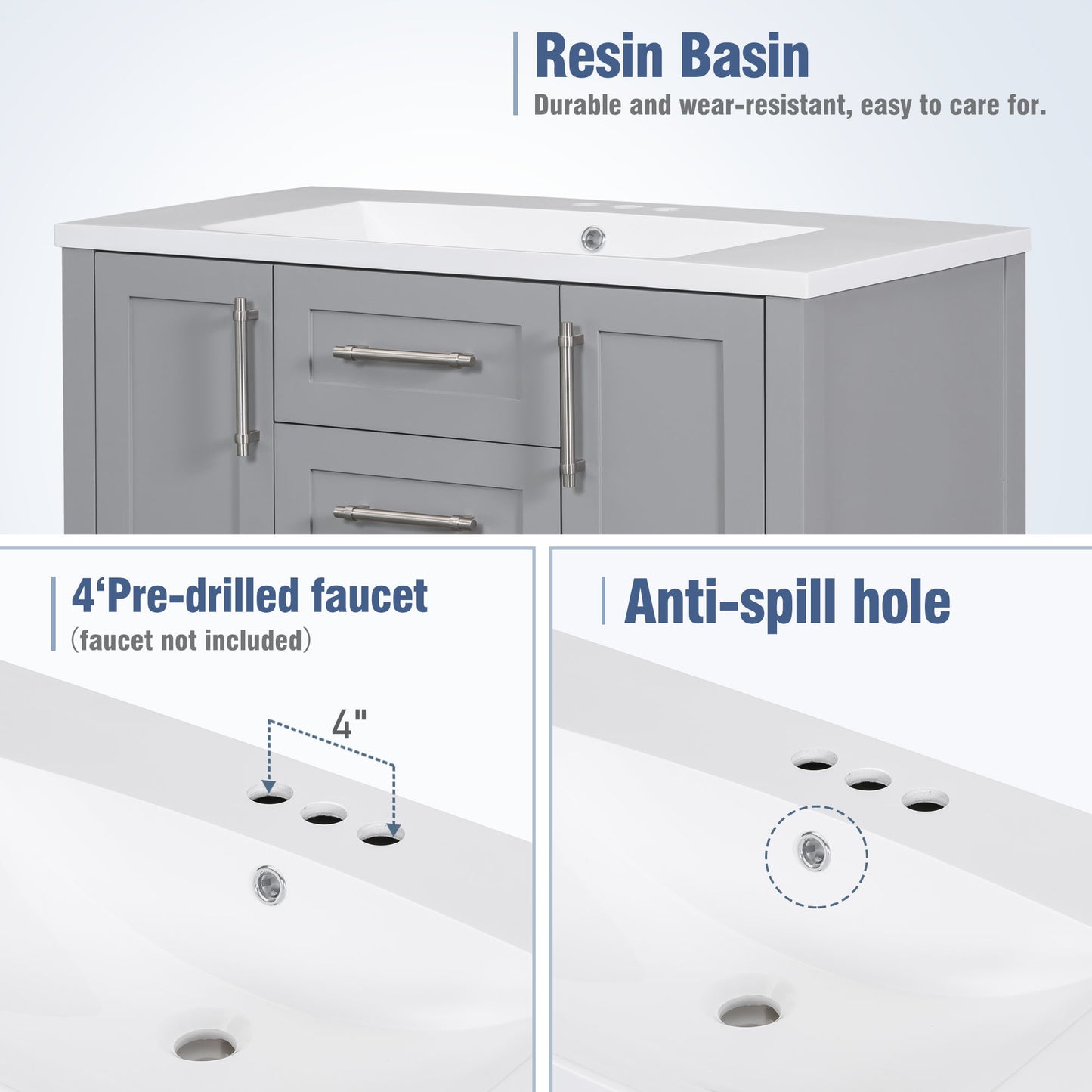 36-Inch Grey Bathroom Vanity with Solid Wood Frame and MDF, Resin Basin, 2 Single Resin Sink