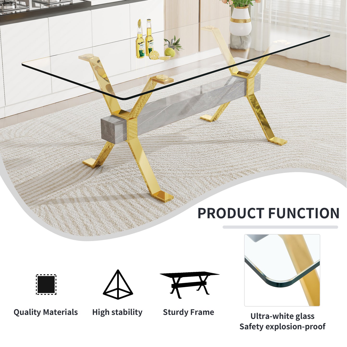 1 table and 8 chairs. Modern simple luxury tempered glass rectangular dining table and desk with 8 black PU gold plated leg chairs 79''x39''x30''