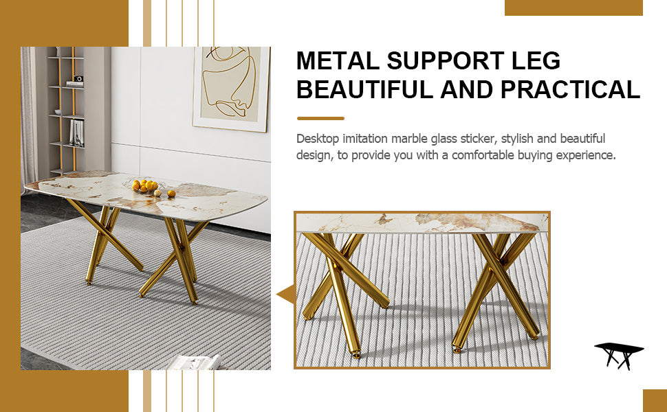 SleekMarble Rectangular Dining Table - Features a 0.39-inch Imitation Marble Top and Elegant Gold-Plated Metal Legs