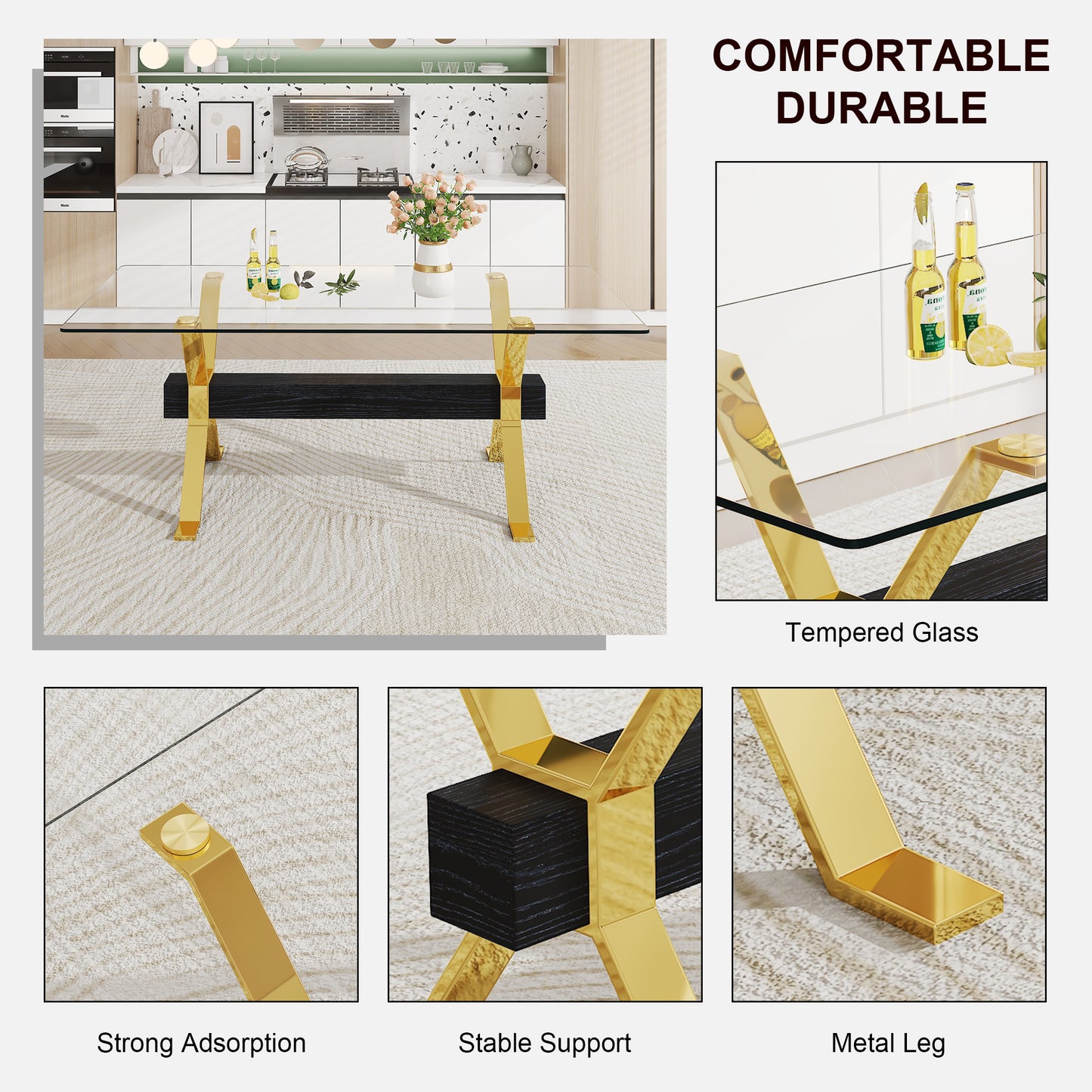 ContemporaryGlass Dining Table - Versatile for Home or Office. Features a Large Tempered Glass Top, Modern Office Desk Design with Gold-Plated Metal Legs and MDF Crossbars. Ideal for Kitchen Use. Dimensions: 79''x39''x30'