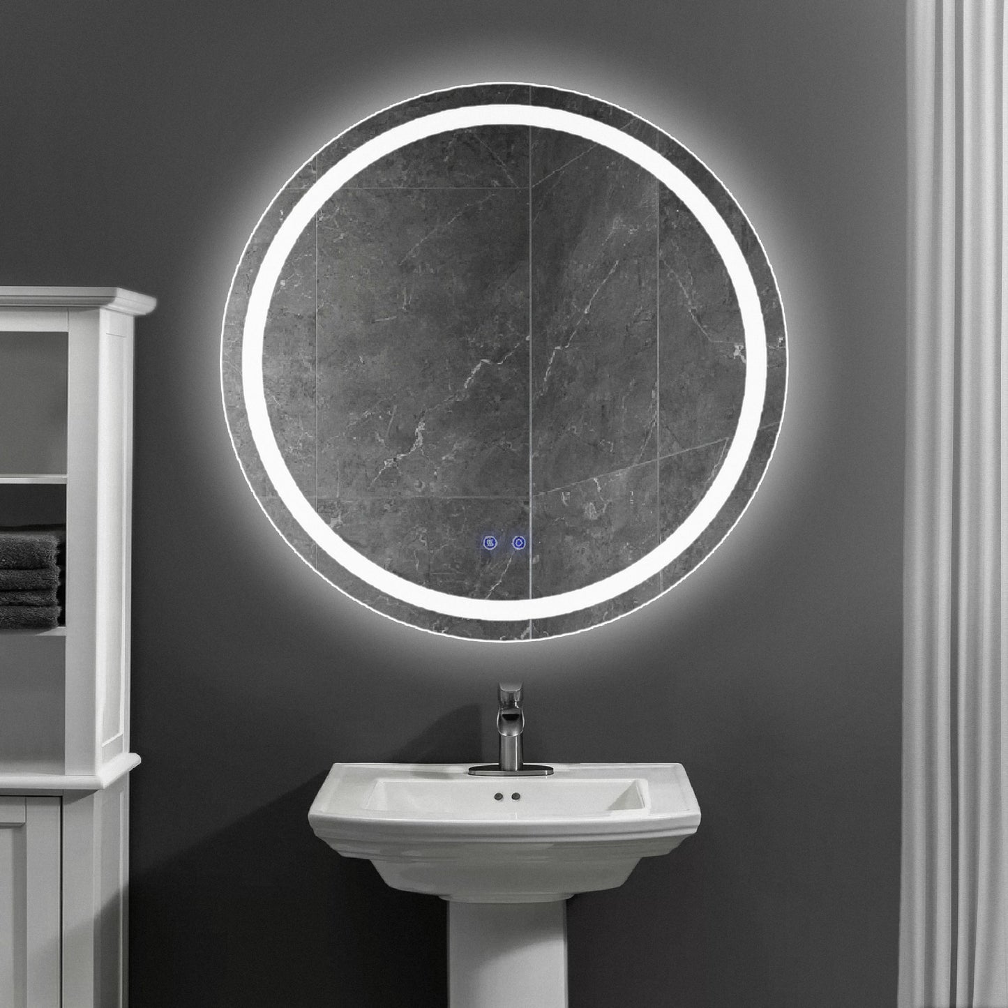 32 x 32 Inch Round Frameless LED Illuminated Bathroom Mirror; Touch Button Defogger; Metal; Frosted Edges; Silver