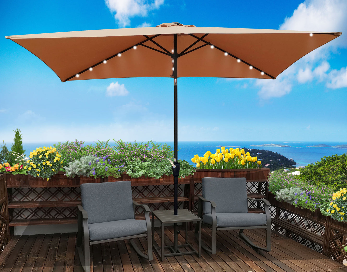 10 x 6.5t Rectangular Patio Solar LED Lighted Outdoor Market Umbrellas with Crank &amp; Push Button Tilt