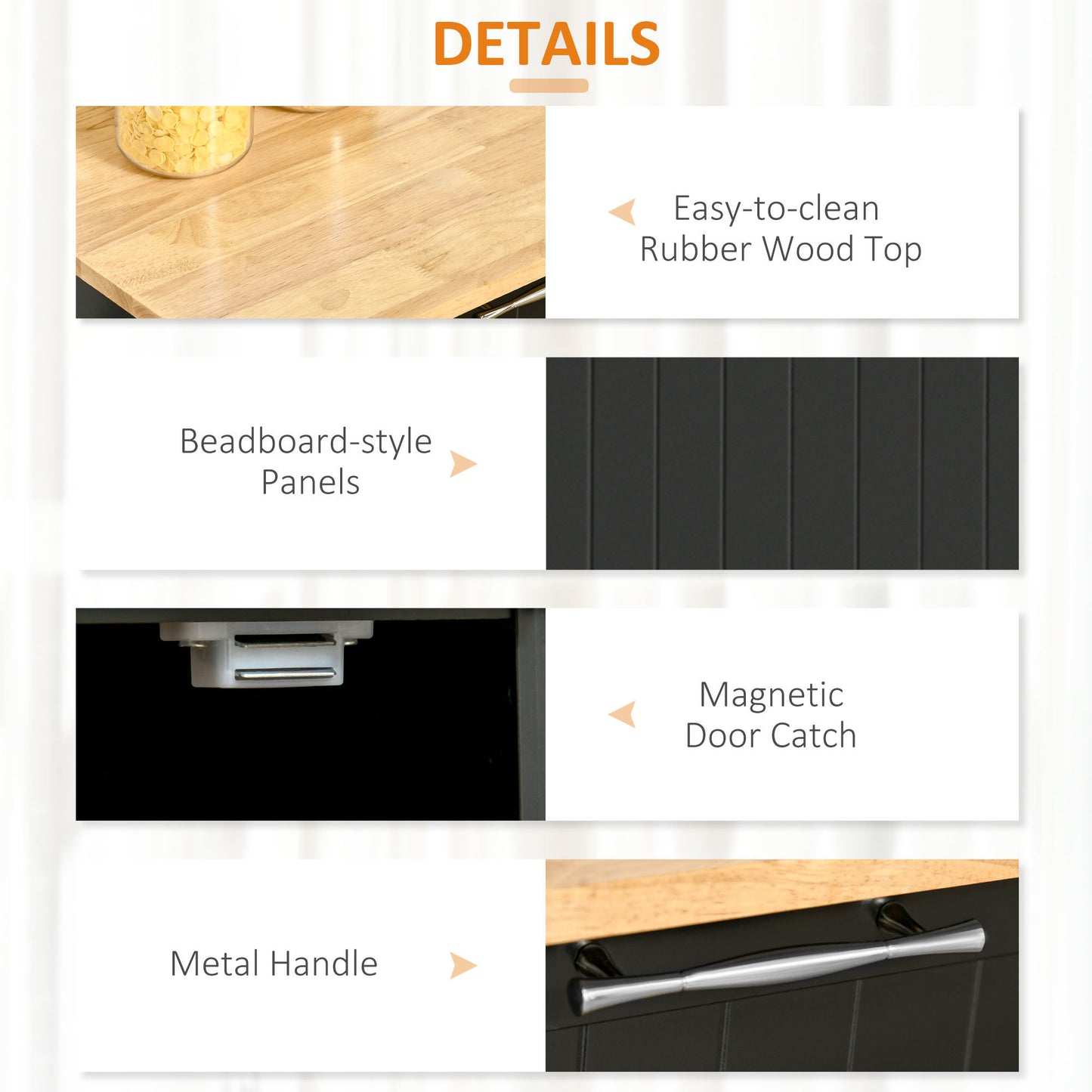 41" Modern Rolling Kitchen Island on Wheels, Utility Cart Storage Trolley with Rubberwood Top & Drawers, Black