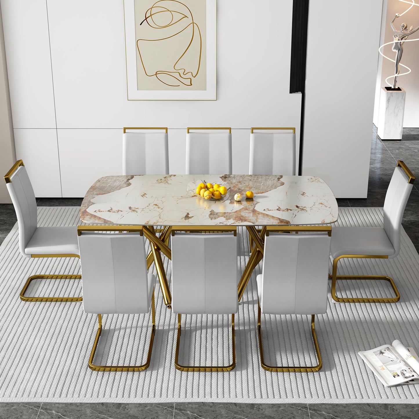 SleekMarble Rectangular Dining Table - Features a 0.39-inch Imitation Marble Top and Elegant Gold-Plated Metal Legs