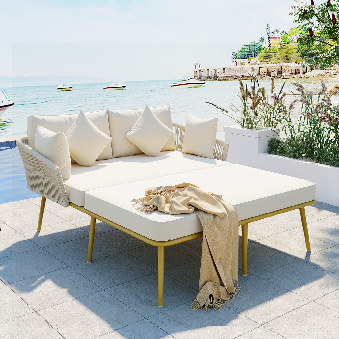 TOPMAX Outdoor Patio, Woven Nylon Rope Backrest with Washable Cushions for Balcony, Poolside, Set for 2 Person, Beige