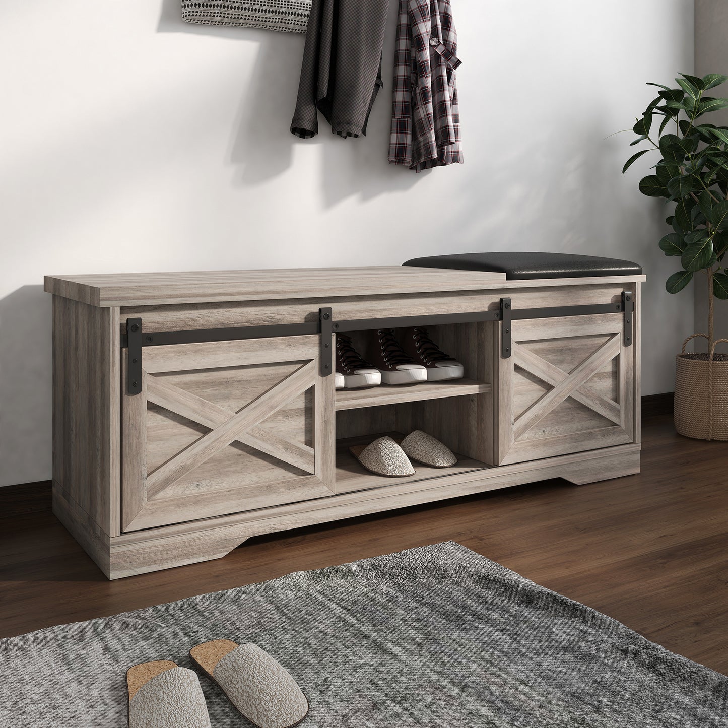 47 Inch Modern Farmhouse Sliding X Barn Door Litterbox Bench with Entry Cutout;  Shoe Bench Multi-color Option