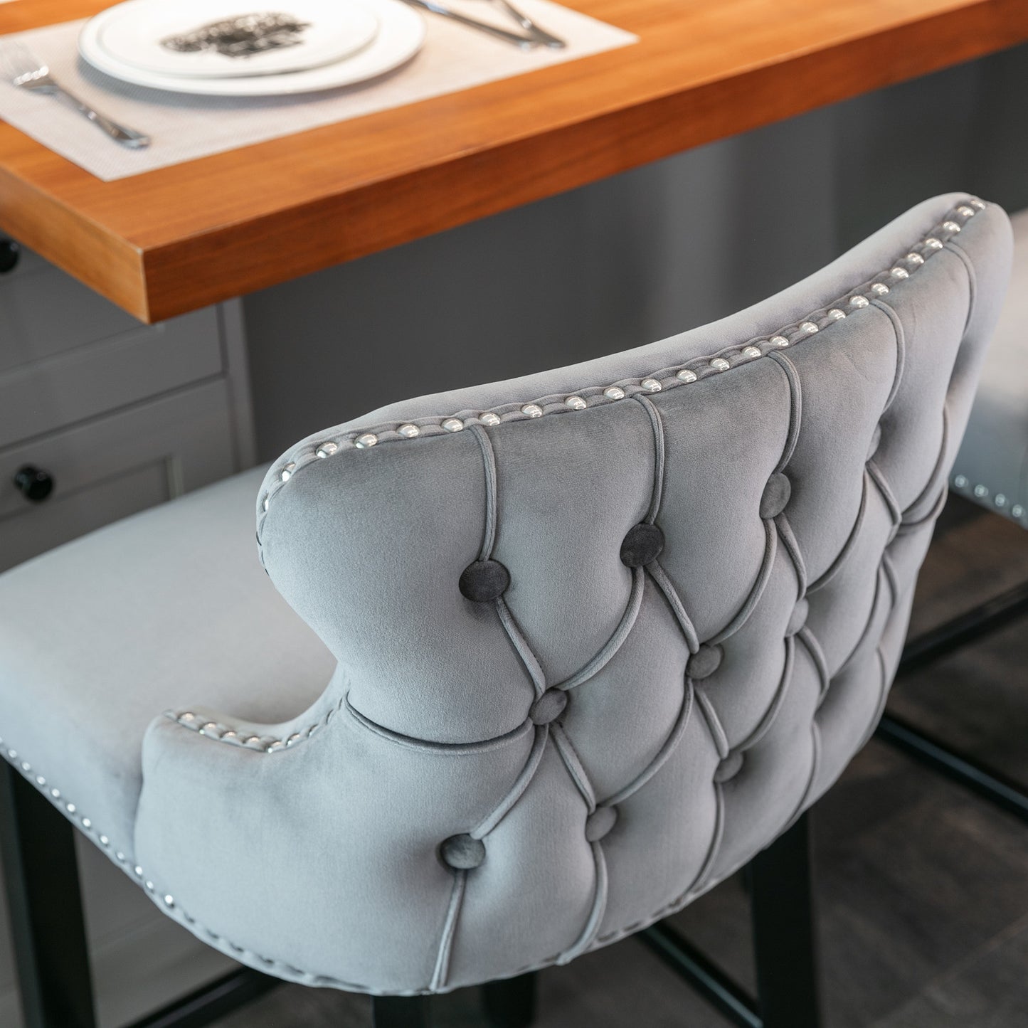 Contemporary Velvet Upholstered Wing-Back Barstools; Set of 2 (Gray)