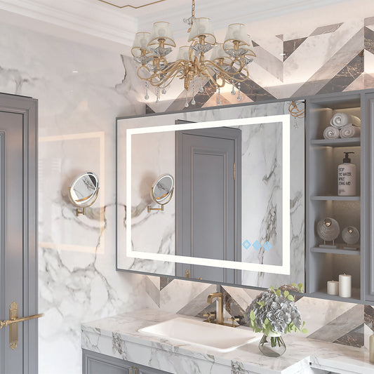 32x24inch Glossy Brushed Silver 3000-6000K LED Bathroom Mirror With Lights,Anti-Fog Dimmable Lighted Wall Mounted Vanity Mirror Master Bath Modern Makeup(Horizontal & Vertical)