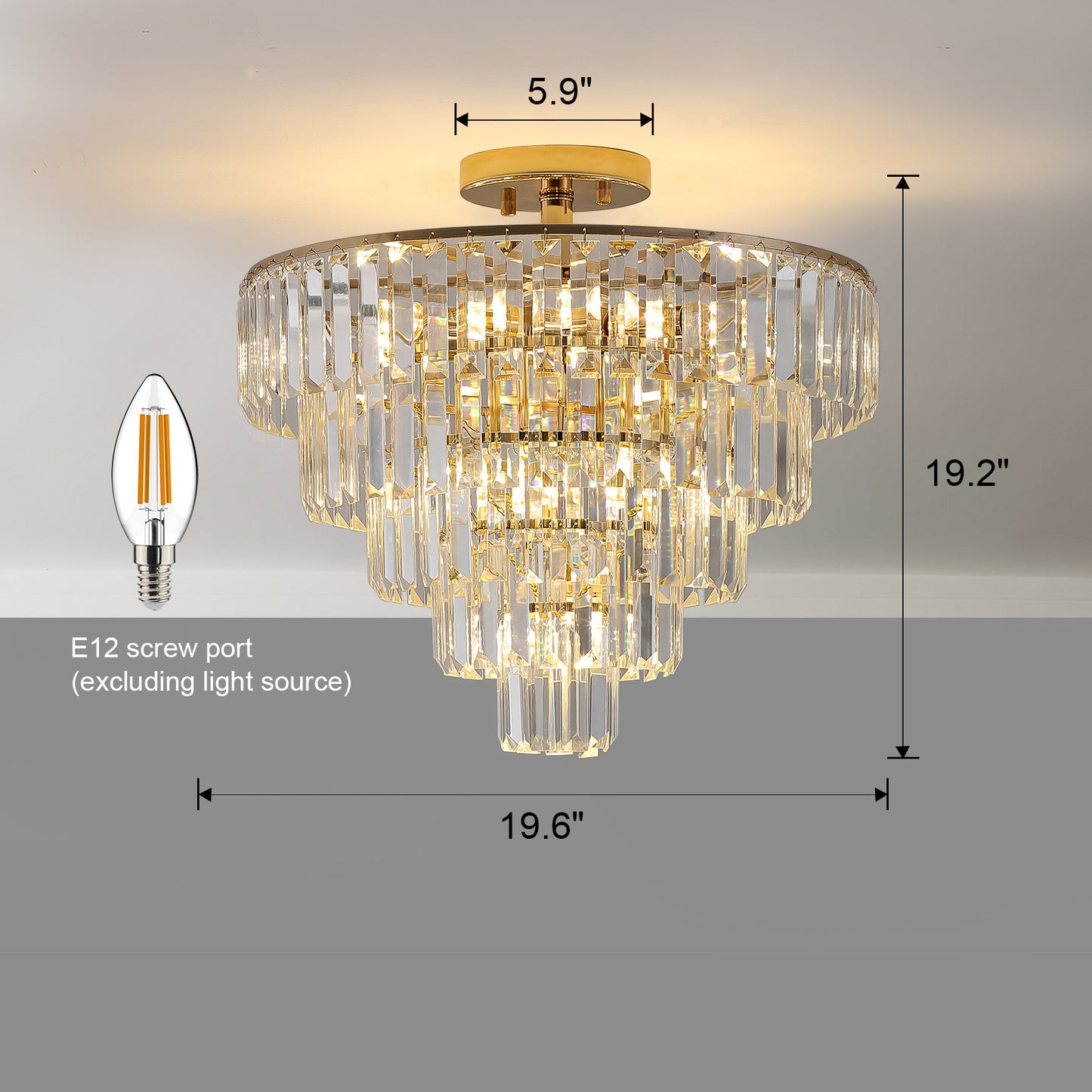 Gold Crystal Chandeliers,5-Tier Round Semi Flush Mount Chandelier Light Fixture