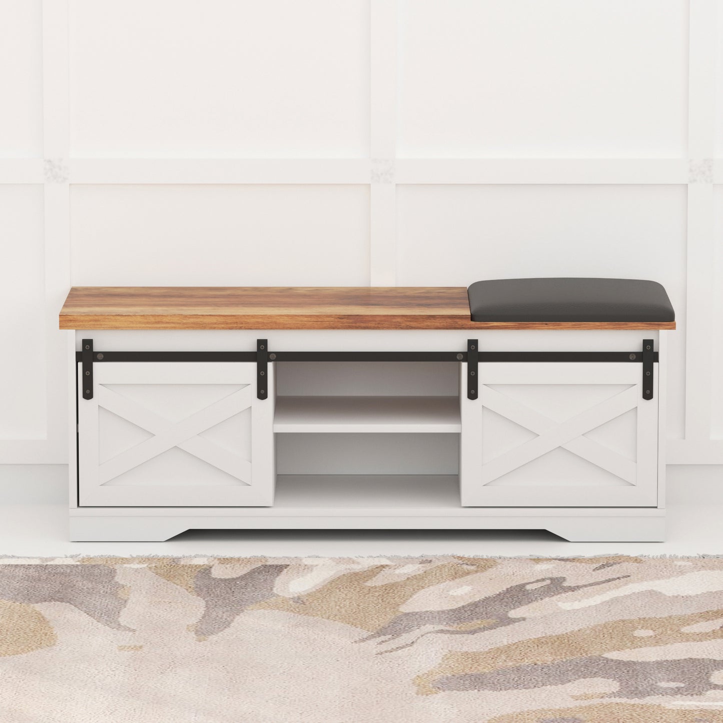 47 Inch Modern Farmhouse Sliding X Barn Door Litterbox Bench with Entry Cutout;  Shoe Bench Multi-color Option