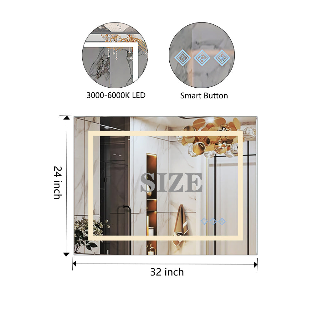 32x24inch Glossy Brushed Silver 3000-6000K LED Bathroom Mirror With Lights,Anti-Fog Dimmable Lighted Wall Mounted Vanity Mirror Master Bath Modern Makeup(Horizontal & Vertical)