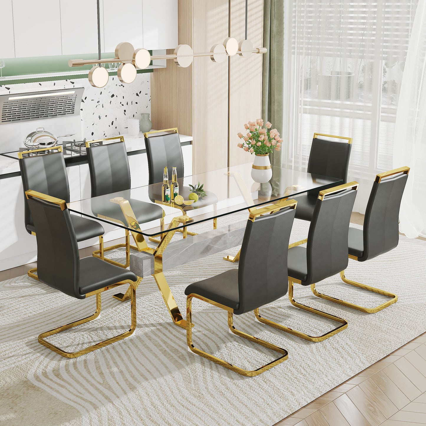 1 table and 8 chairs. Modern simple luxury tempered glass rectangular dining table and desk with 8 black PU gold plated leg chairs 79''x39''x30''