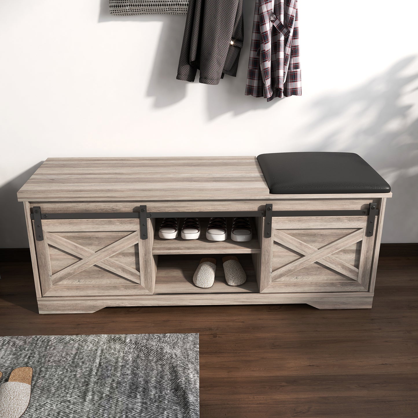 47 Inch Modern Farmhouse Sliding X Barn Door Litterbox Bench with Entry Cutout;  Shoe Bench Multi-color Option