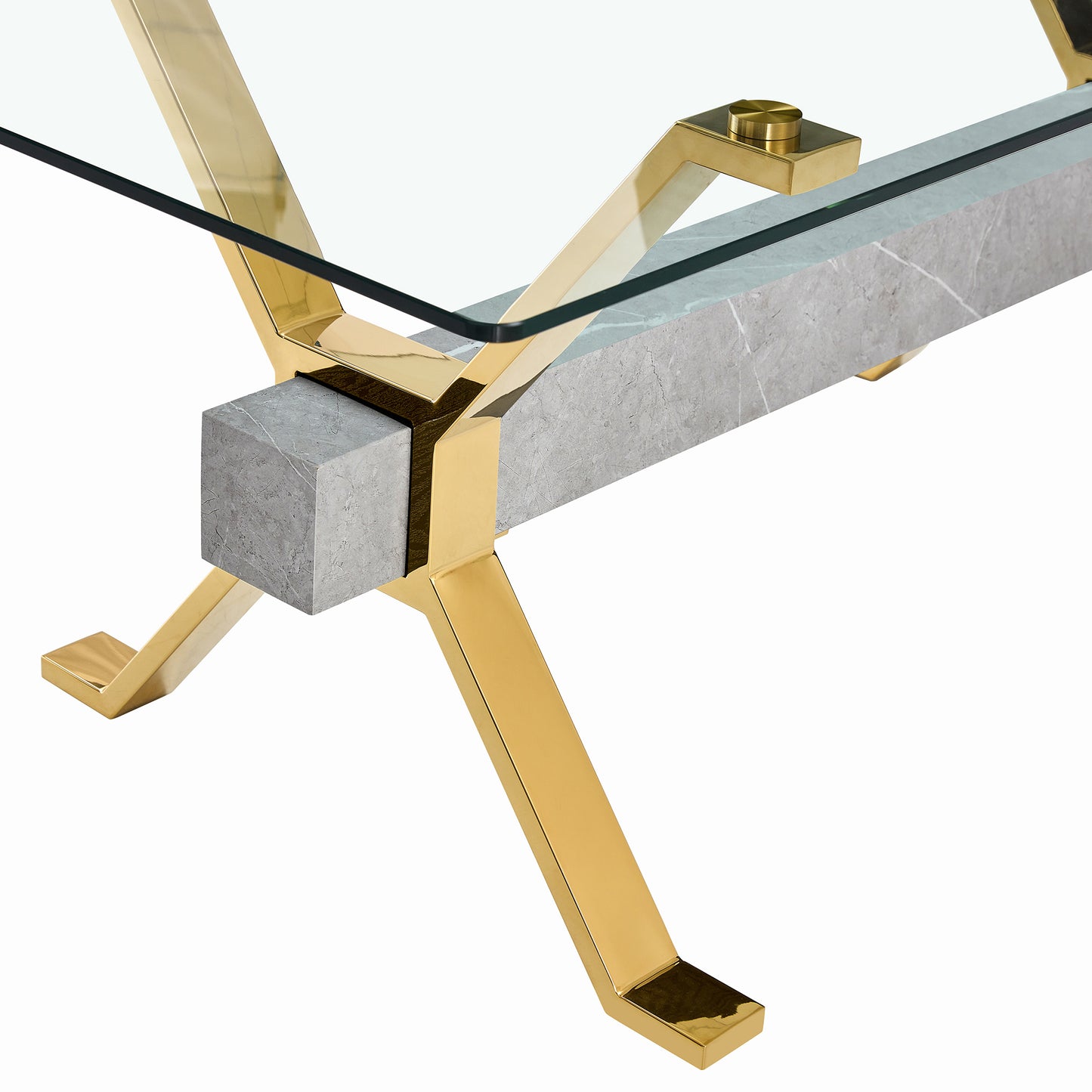 ContemporaryGlass Dining Table - Versatile for Home or Office. Features a Large Tempered Glass Top, Modern Office Desk Design with Gold-Plated Metal Legs and MDF Crossbars. Ideal for Kitchen Use. Dimensions: 79''x39''x30'