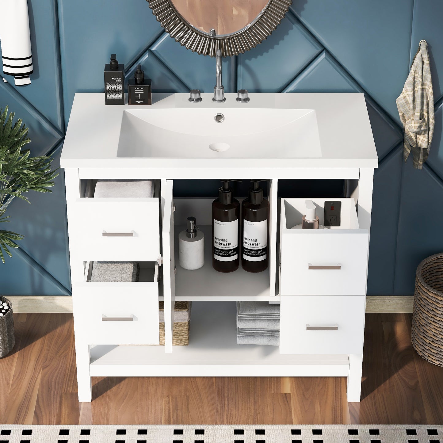 36" White Modern Bathroom Vanity with USB, Resin Sink