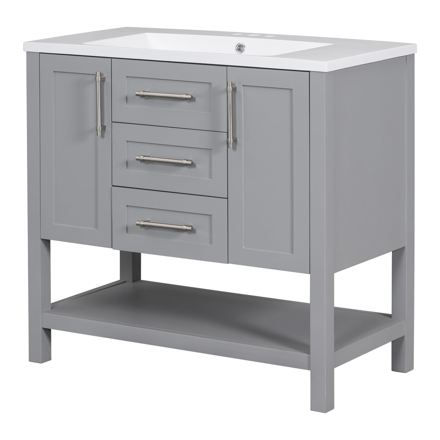 36-Inch Grey Bathroom Vanity with Solid Wood Frame and MDF, Resin Basin, 2 Single Resin Sink