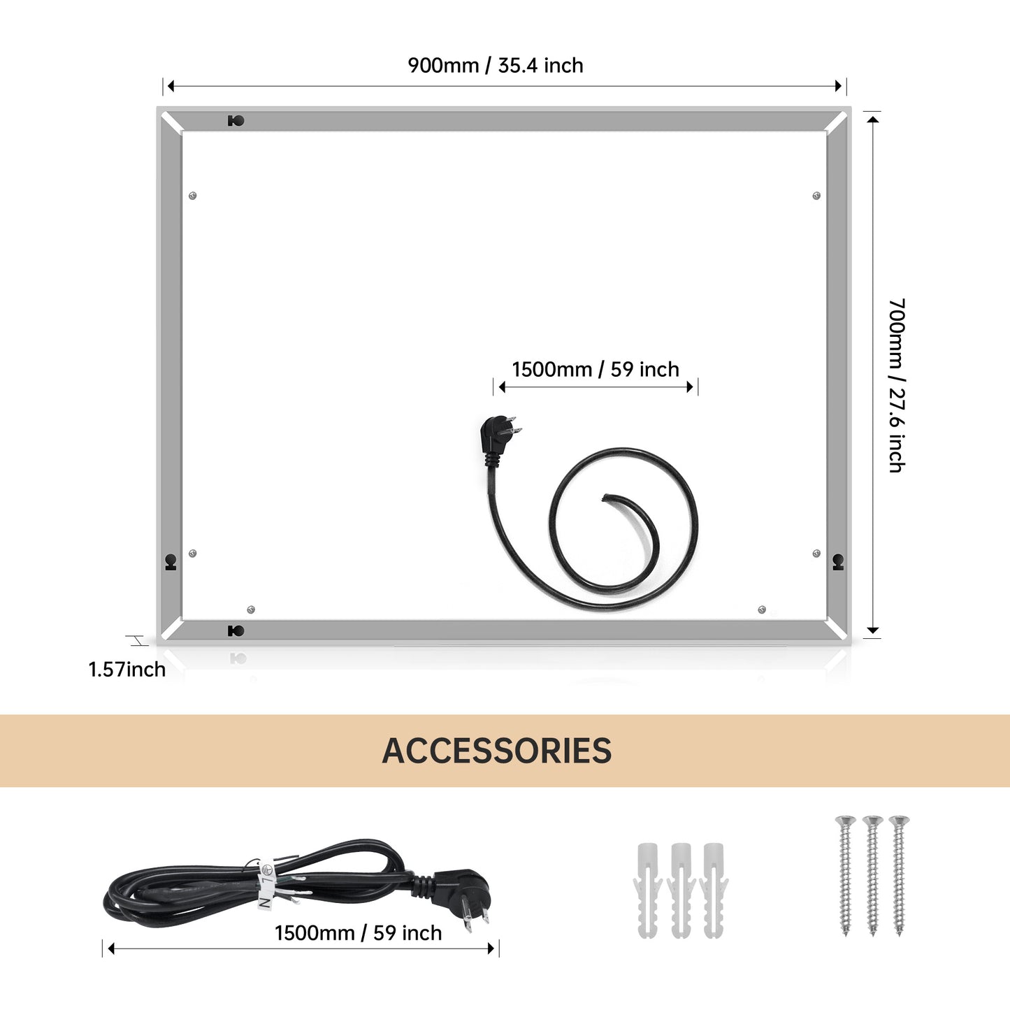28'*36' LED Lighted Bathroom Wall Mounted Mirror with High Lumen+Anti-Fog Separately Control+Dimmer Function