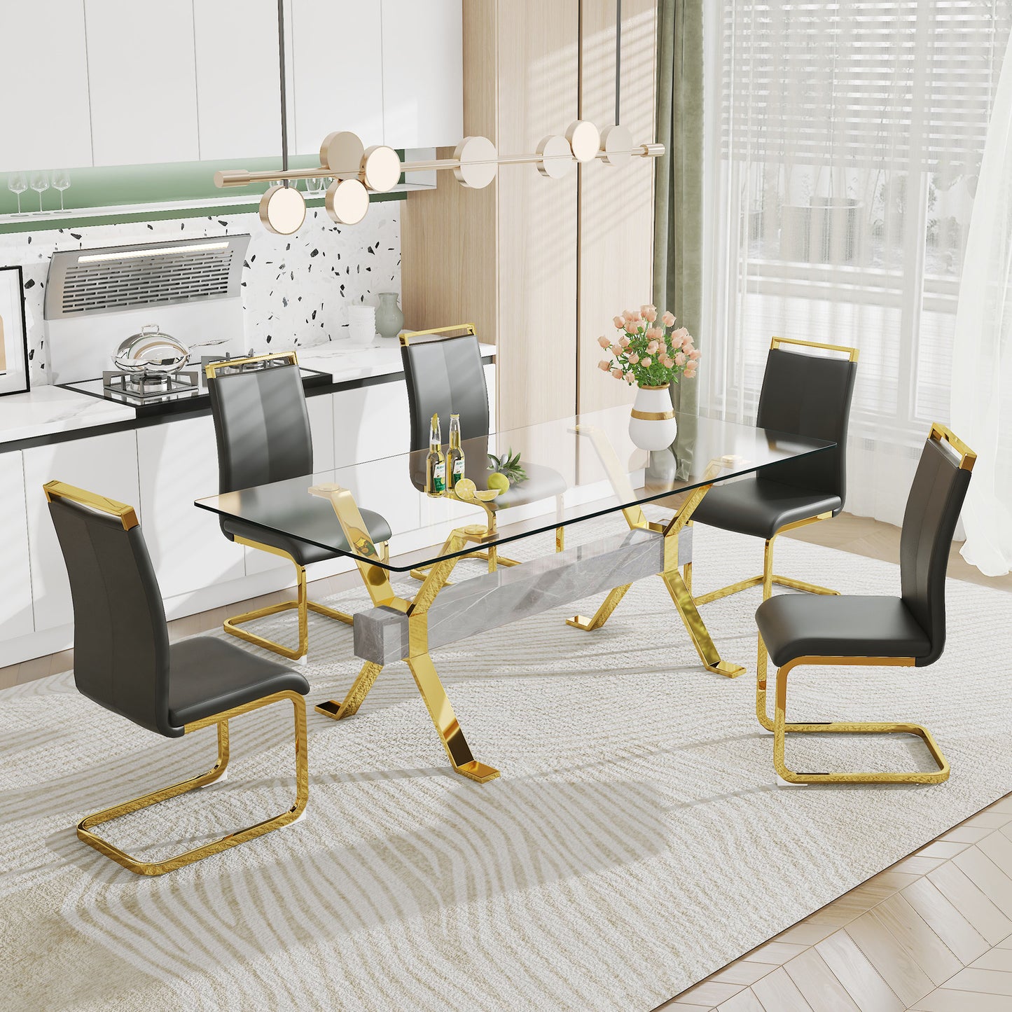 ContemporaryGlass Dining Table - Versatile for Home or Office. Features a Large Tempered Glass Top, Modern Office Desk Design with Gold-Plated Metal Legs and MDF Crossbars. Ideal for Kitchen Use. Dimensions: 79''x39''x30'