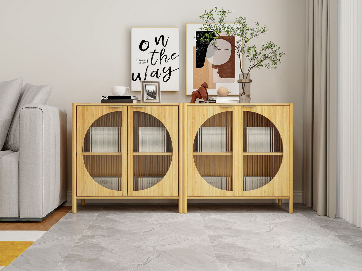 Bamboo 2 door cabinet, Set of 2, Buffet Sideboard Storage Cabinet, Buffet Server Console Table, for Dining Room, Living Room, Kitchen, Hallway