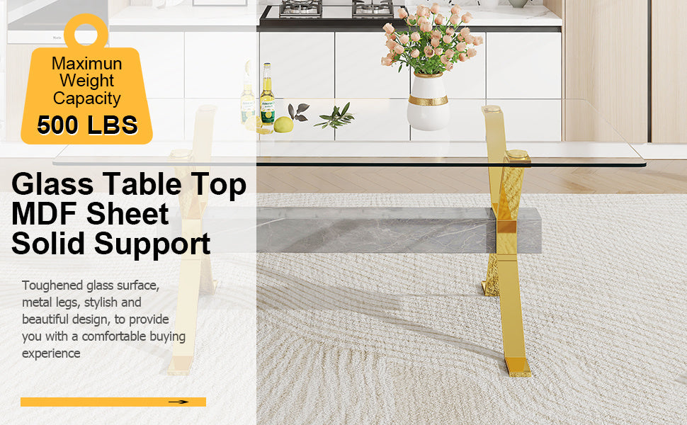 1 table and 8 chairs. Modern simple luxury tempered glass rectangular dining table and desk with 8 black PU gold plated leg chairs 79''x39''x30''