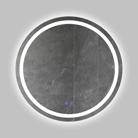 32 x 32 Inch Round Frameless LED Illuminated Bathroom Mirror; Touch Button Defogger; Metal; Frosted Edges; Silver