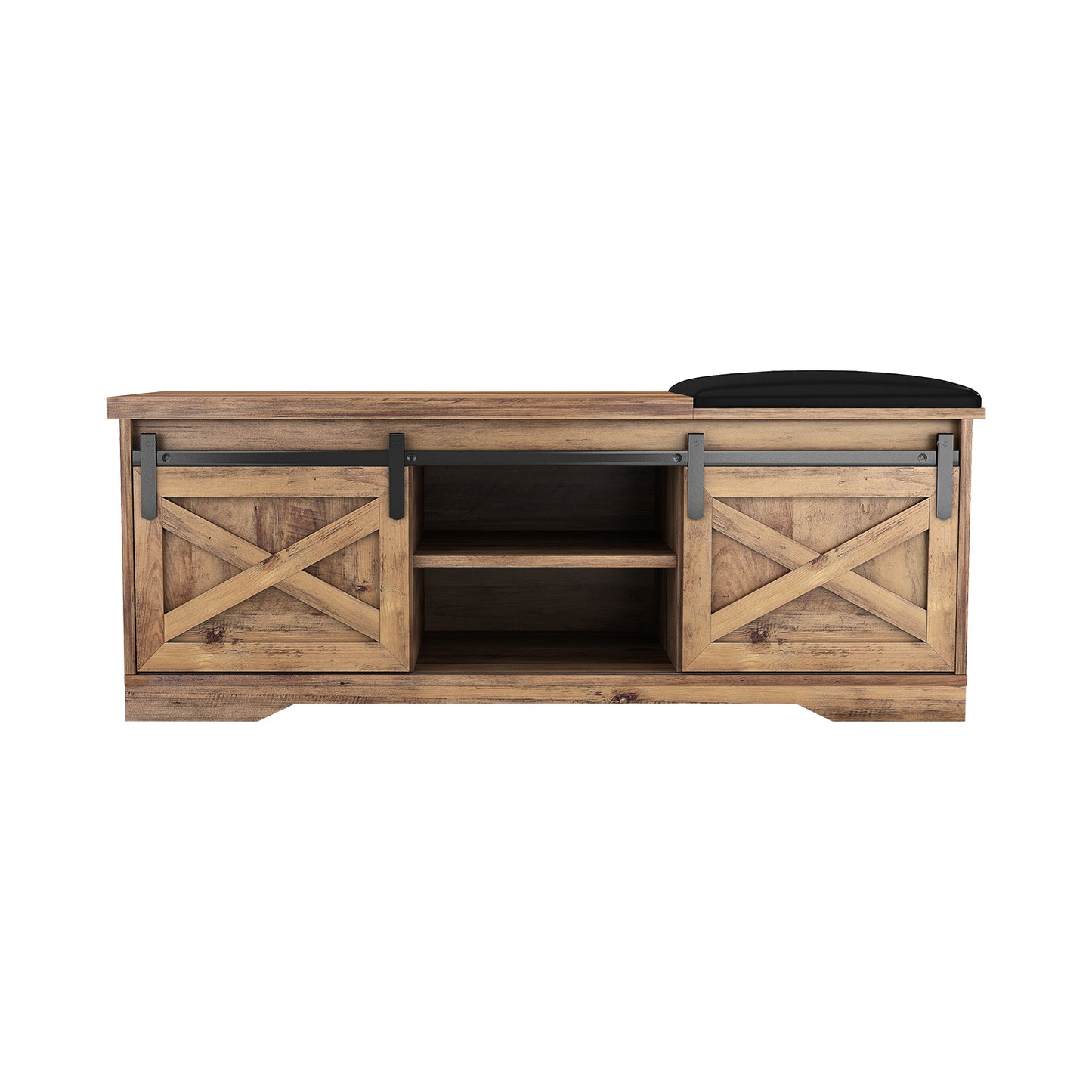 47 Inch Modern Farmhouse Sliding X Barn Door Litterbox Bench with Entry Cutout;  Shoe Bench Multi-color Option