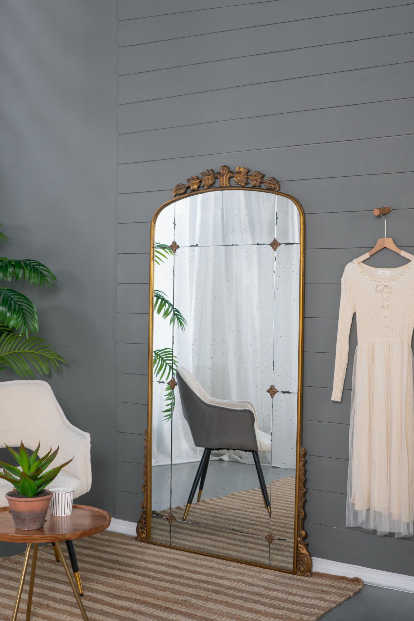 76" x 40" Lavish Full-Length Mirror, Antique Gold Metal Floor Mirror