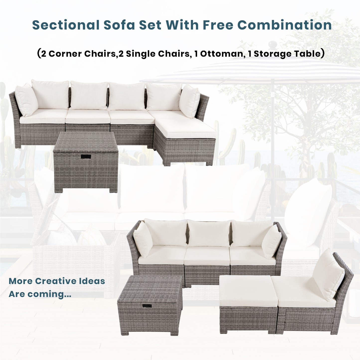 6-Piece Outdoor Sofa Set, PE Wicker Rattan Sofa with 2 Corner Chairs, 2 Single Chairs, 1 Ottoman and 1 Storage Table, All-weather Conversational Furniture, Beige