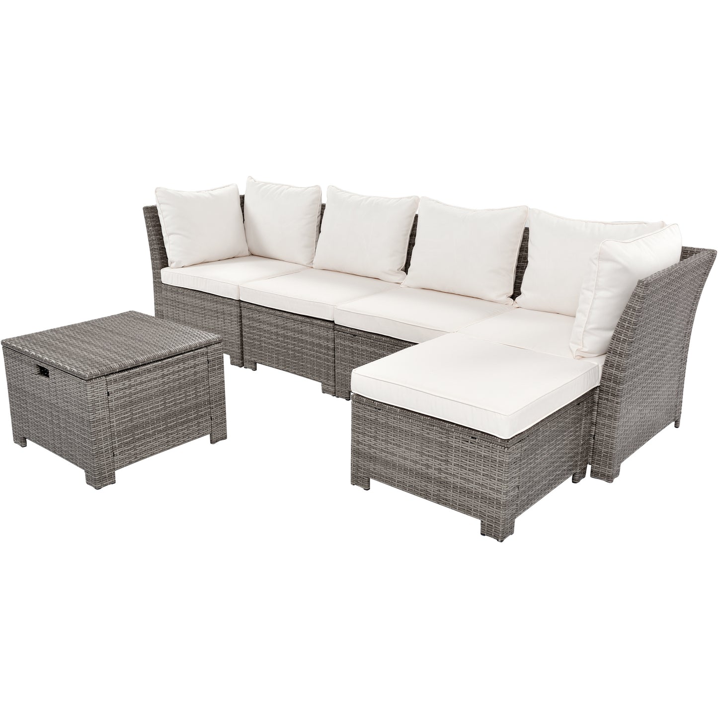 6-Piece Outdoor Sofa Set, PE Wicker Rattan Sofa with 2 Corner Chairs, 2 Single Chairs, 1 Ottoman and 1 Storage Table, All-weather Conversational Furniture, Beige