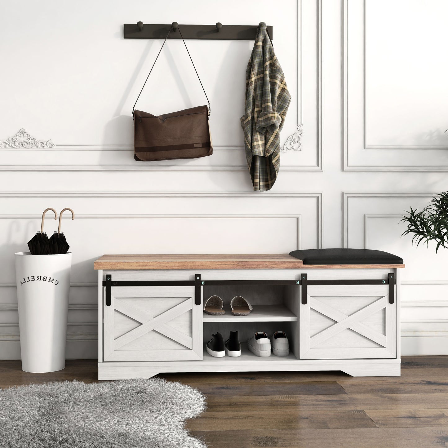47 Inch Modern Farmhouse Sliding X Barn Door Litterbox Bench with Entry Cutout;  Shoe Bench Multi-color Option