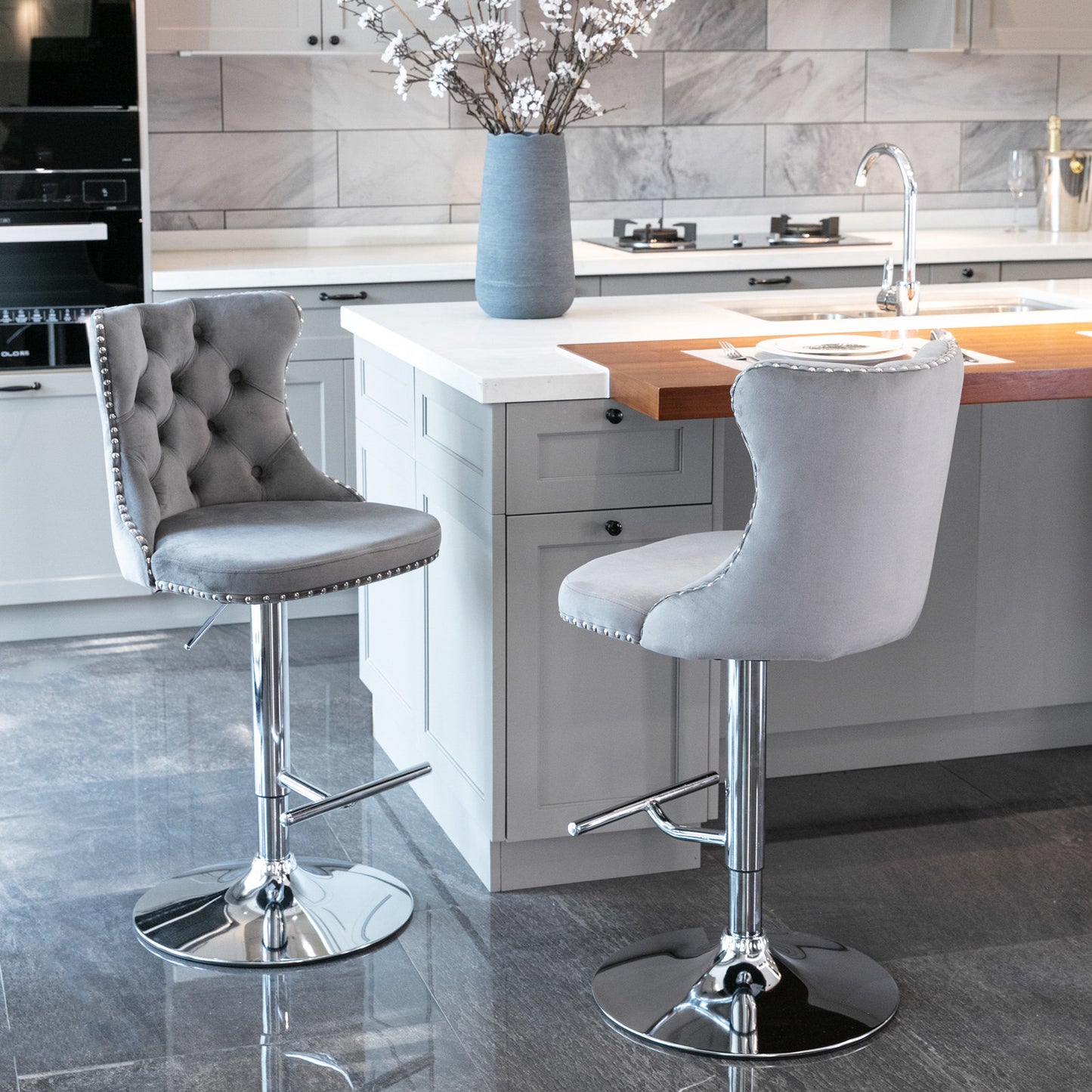 A&A Furniture, Swivel Velvet Barstools - Set of 2