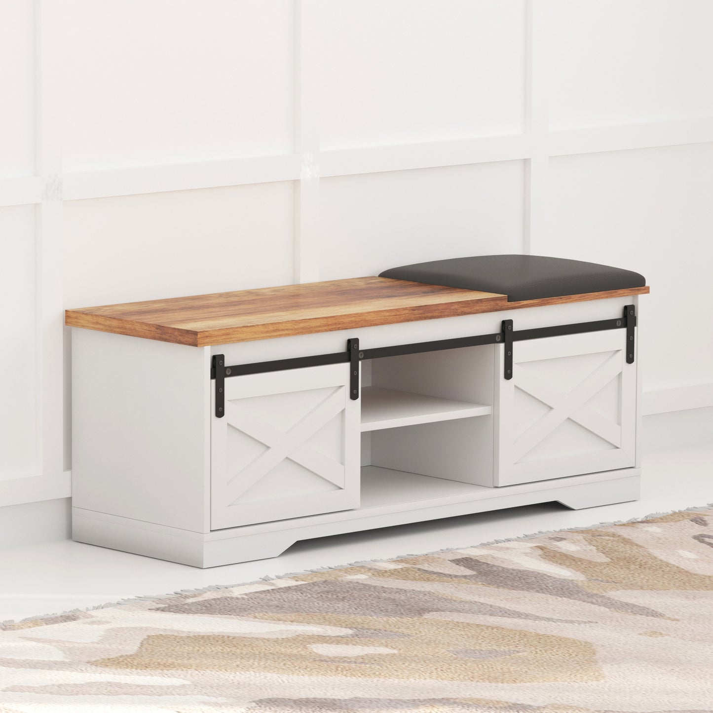 47 Inch Modern Farmhouse Sliding X Barn Door Litterbox Bench with Entry Cutout;  Shoe Bench Multi-color Option