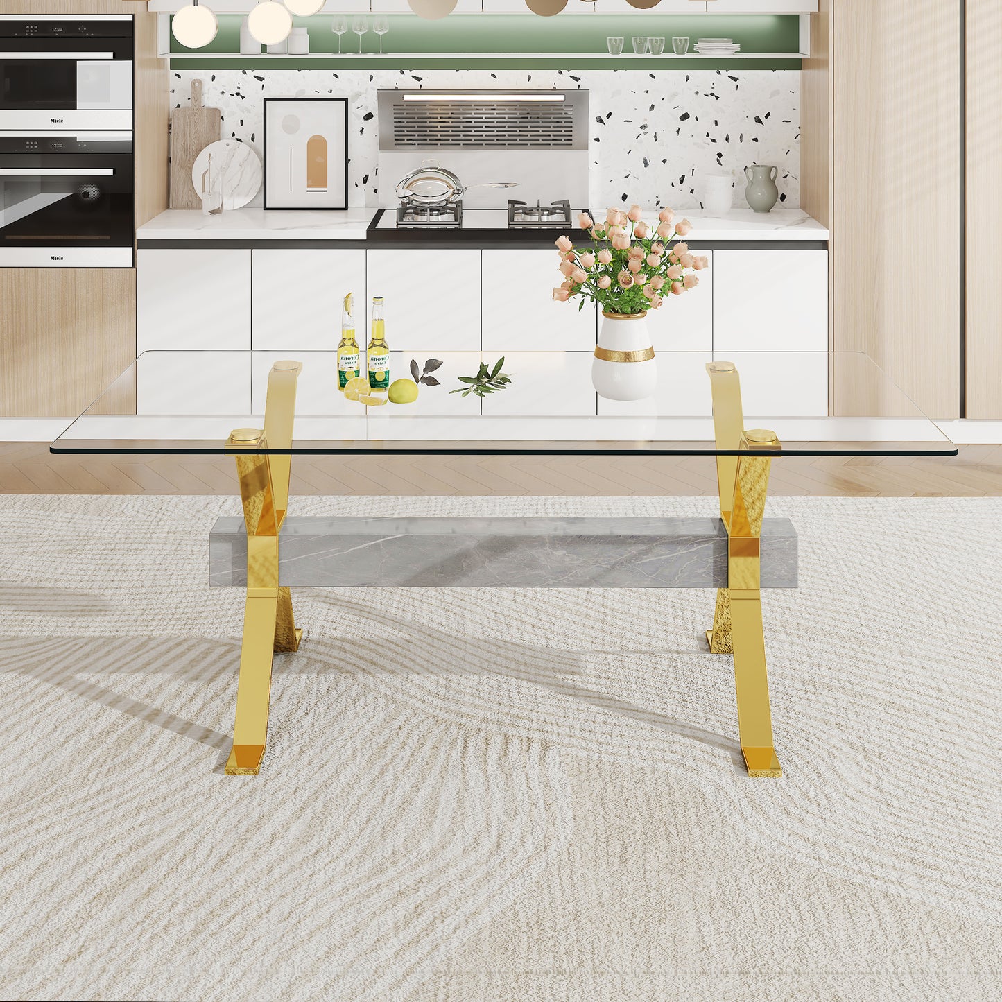 ContemporaryGlass Dining Table - Versatile for Home or Office. Features a Large Tempered Glass Top, Modern Office Desk Design with Gold-Plated Metal Legs and MDF Crossbars. Ideal for Kitchen Use. Dimensions: 79''x39''x30'