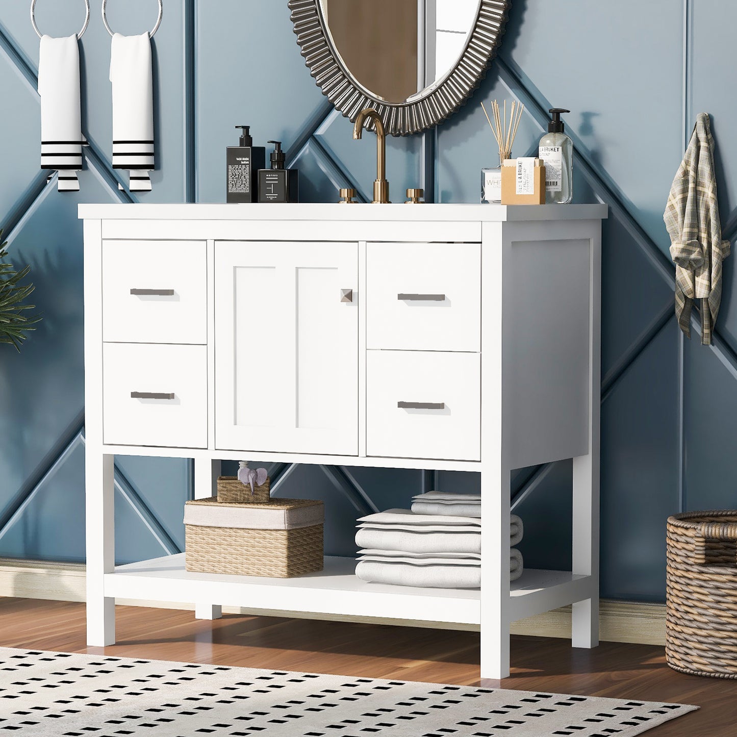 36" White Modern Bathroom Vanity with USB, Resin Sink