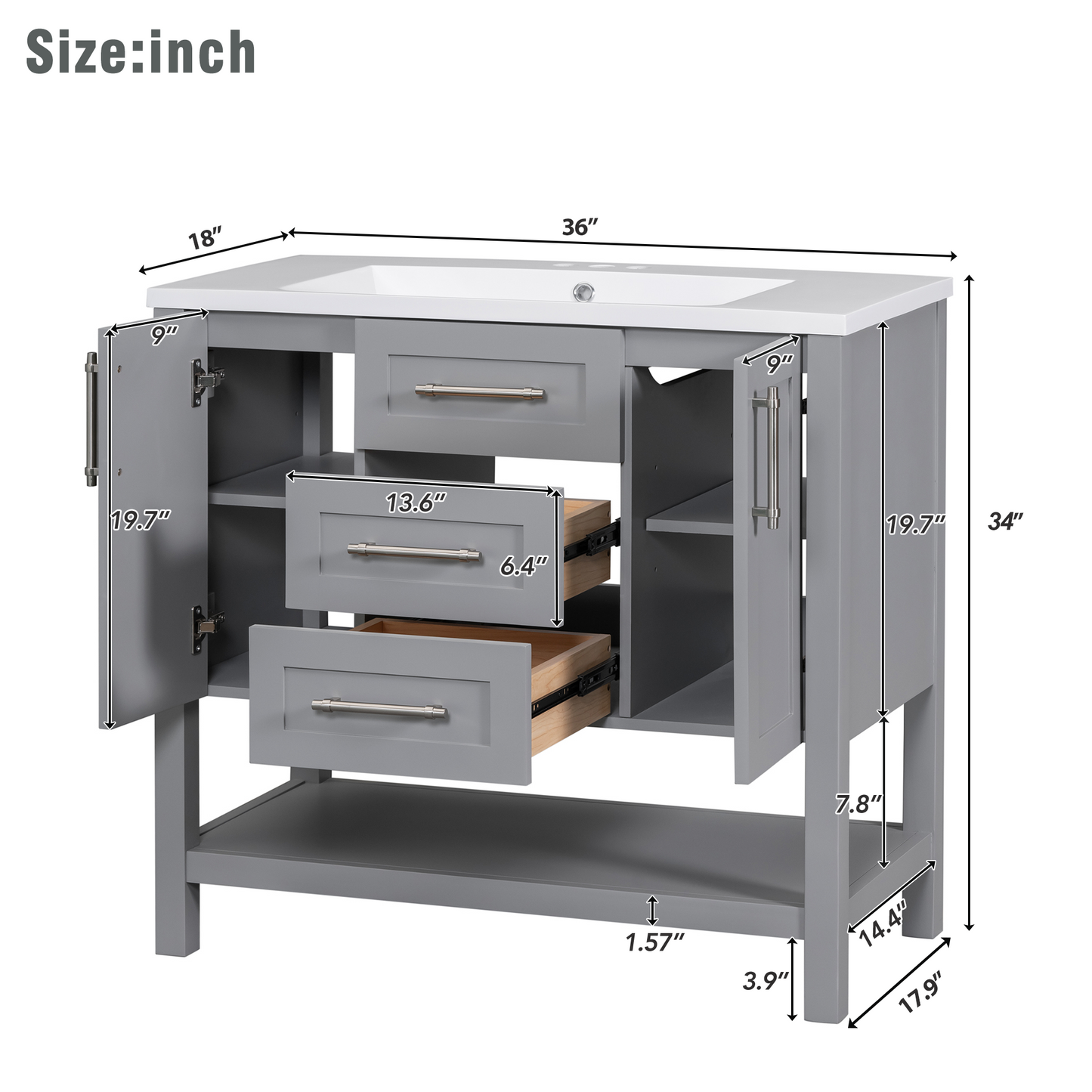 36-Inch Grey Bathroom Vanity with Solid Wood Frame and MDF, Resin Basin, 2 Single Resin Sink