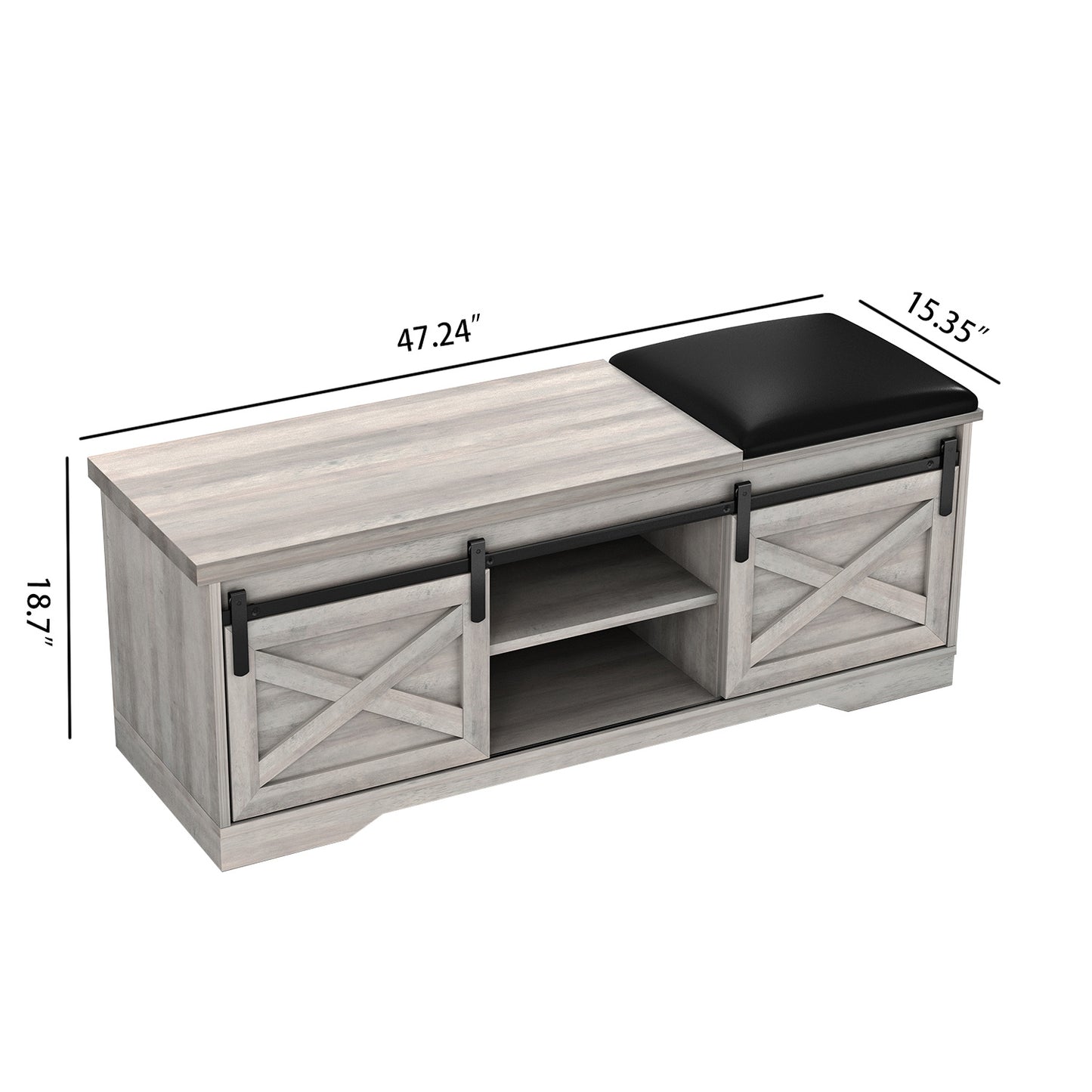 47 Inch Modern Farmhouse Sliding X Barn Door Litterbox Bench with Entry Cutout;  Shoe Bench Multi-color Option