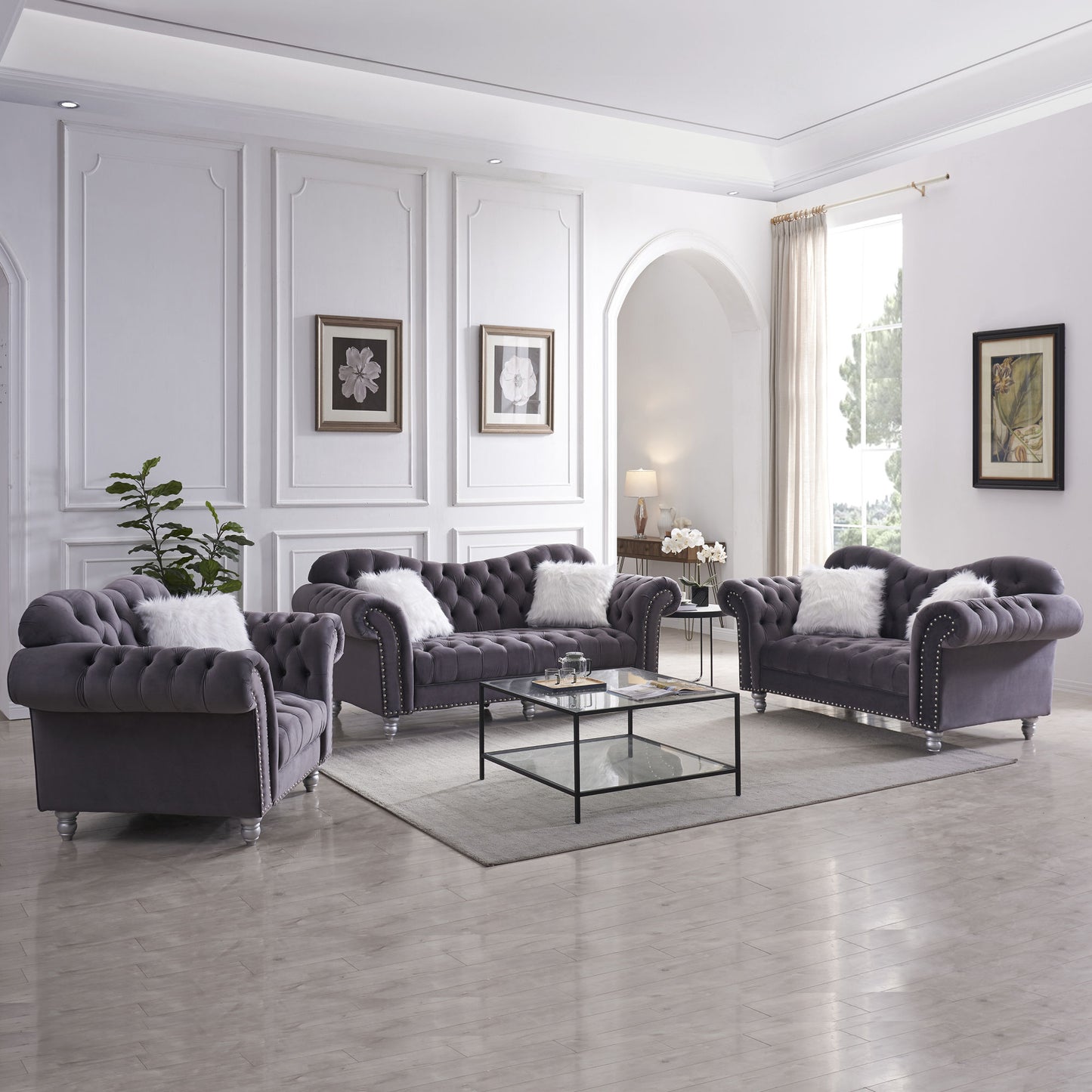 3 Piece Living Room Sofa Set; including 3-Seater Sofa; Loveseat and Sofa Chair; with Button and Copper Nail on Arms and Back; Five White Villose Pillow; Grey.