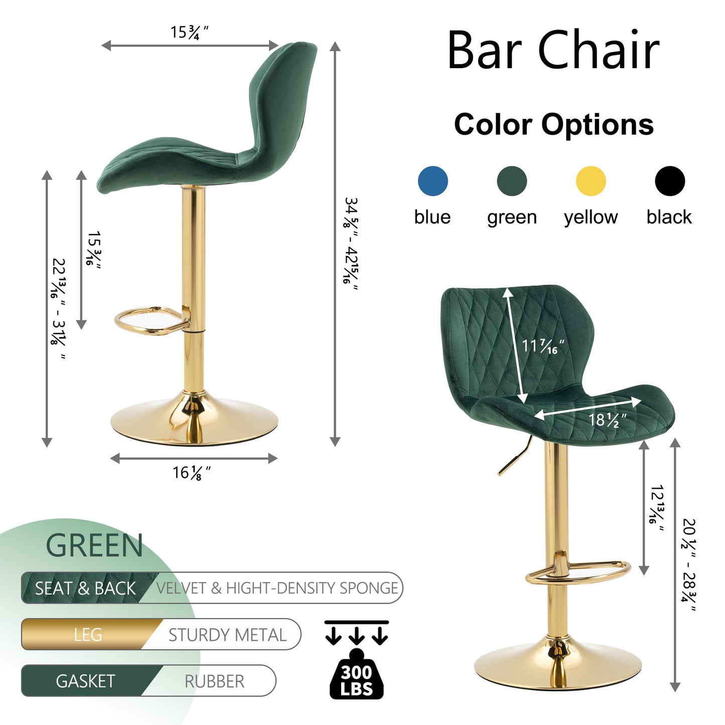 Green Velvet Adjustable Swivel Bar Stools Set Of 2