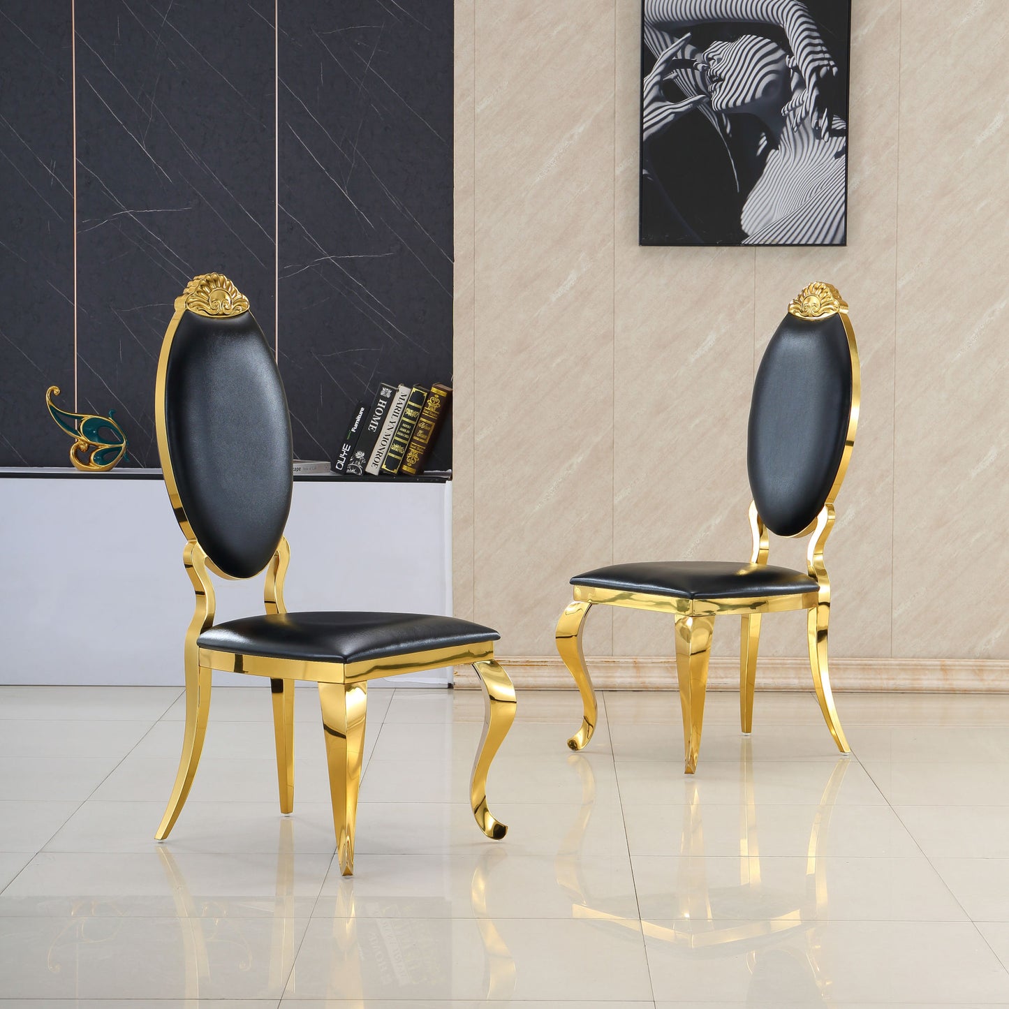 Leatherette Dining Chair Set of 2, Oval Back Carving Design with Stainless Steel Legs