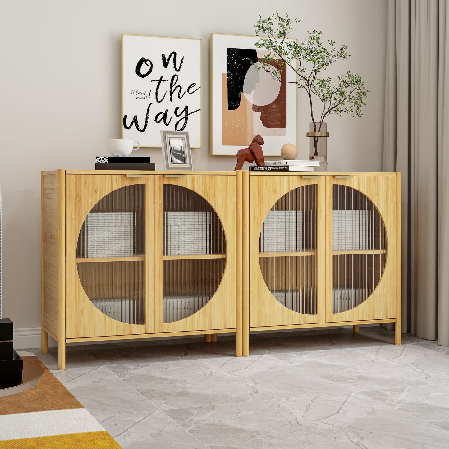 Bamboo 2 door cabinet, Set of 2, Buffet Sideboard Storage Cabinet, Buffet Server Console Table, for Dining Room, Living Room, Kitchen, Hallway