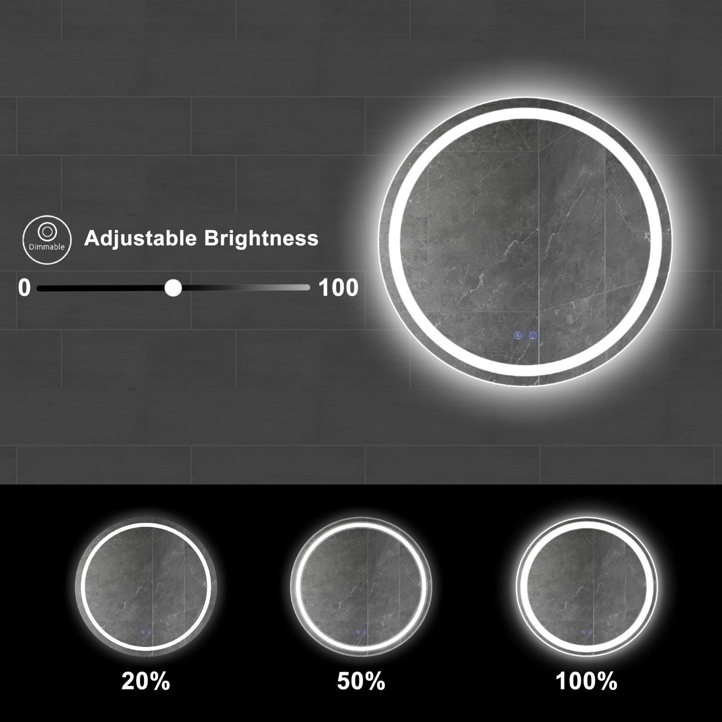 32 x 32 Inch Round Frameless LED Illuminated Bathroom Mirror; Touch Button Defogger; Metal; Frosted Edges; Silver
