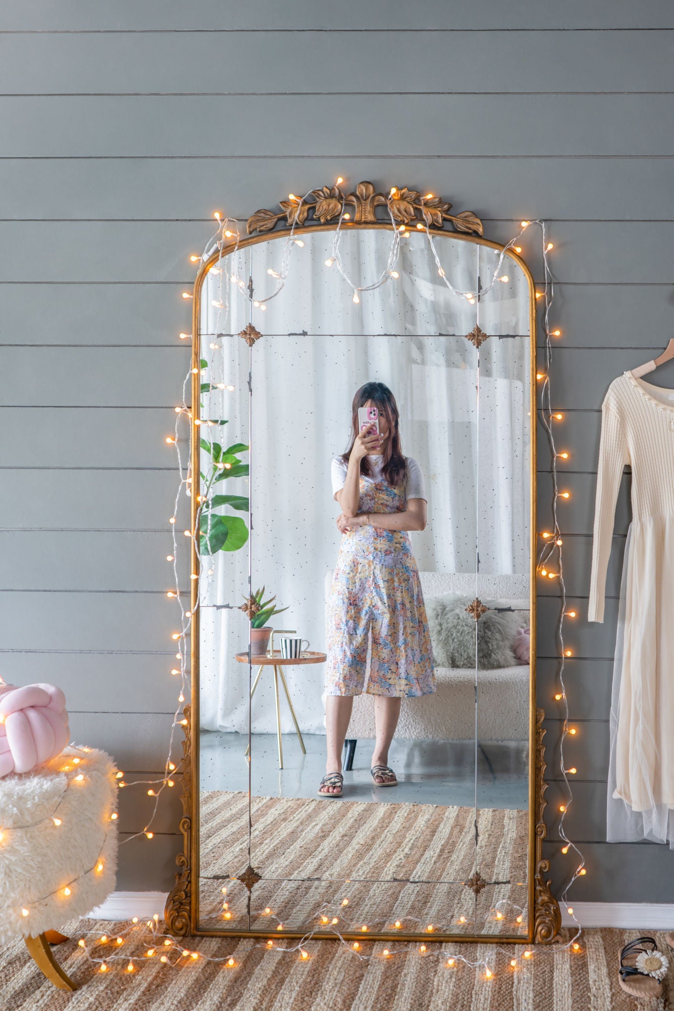76" x 40" Lavish Full-Length Mirror, Antique Gold Metal Floor Mirror